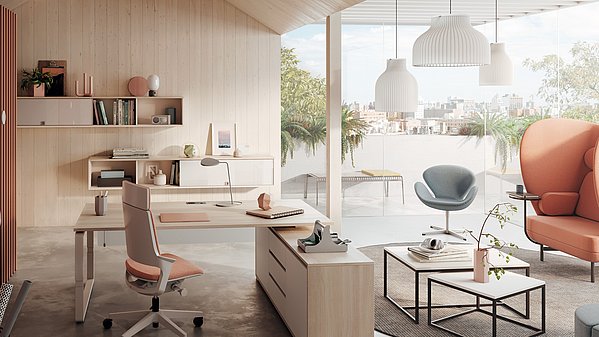 Schönes, modernes Home Office mit ansprechenden, farblich abgestimmten Büromöbeln.
